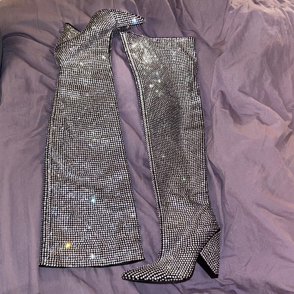 RHINESTONE EMBELLISHED CONE HEEL SLOUCHY BOOTS - Picture 8 of 12